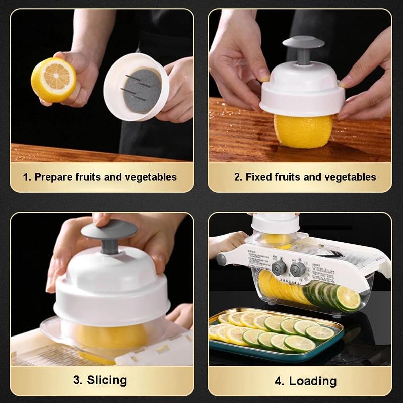 Multifunctional Lemon Slicer Vegetable Grater With Basket,V-blade Fruit Potato Chopper Carrot Cutter Slicer Kitchen Accessories