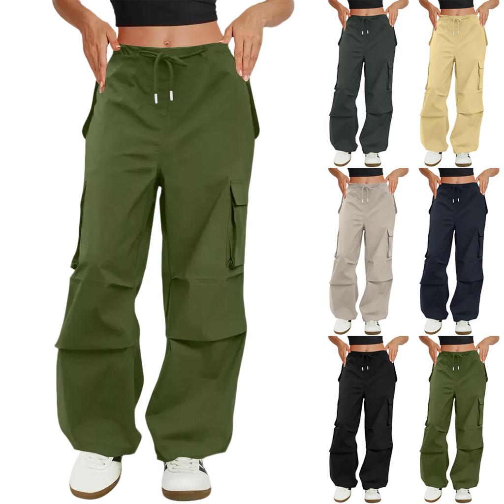 Women's Fashionable Solid Color Drawstring Elastic Waist Multi Pocket Workwear Casual Pants