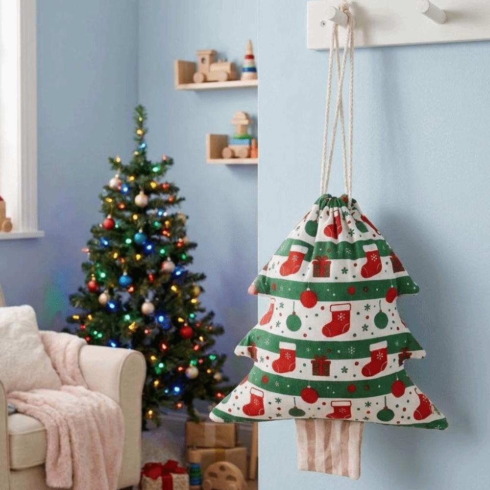 Tree Shaped Christmas Gift Bag Christmas Stockings Snowflakes Pattern Drawstring Bag Velvet Candy Bag Pendant Home Decoration