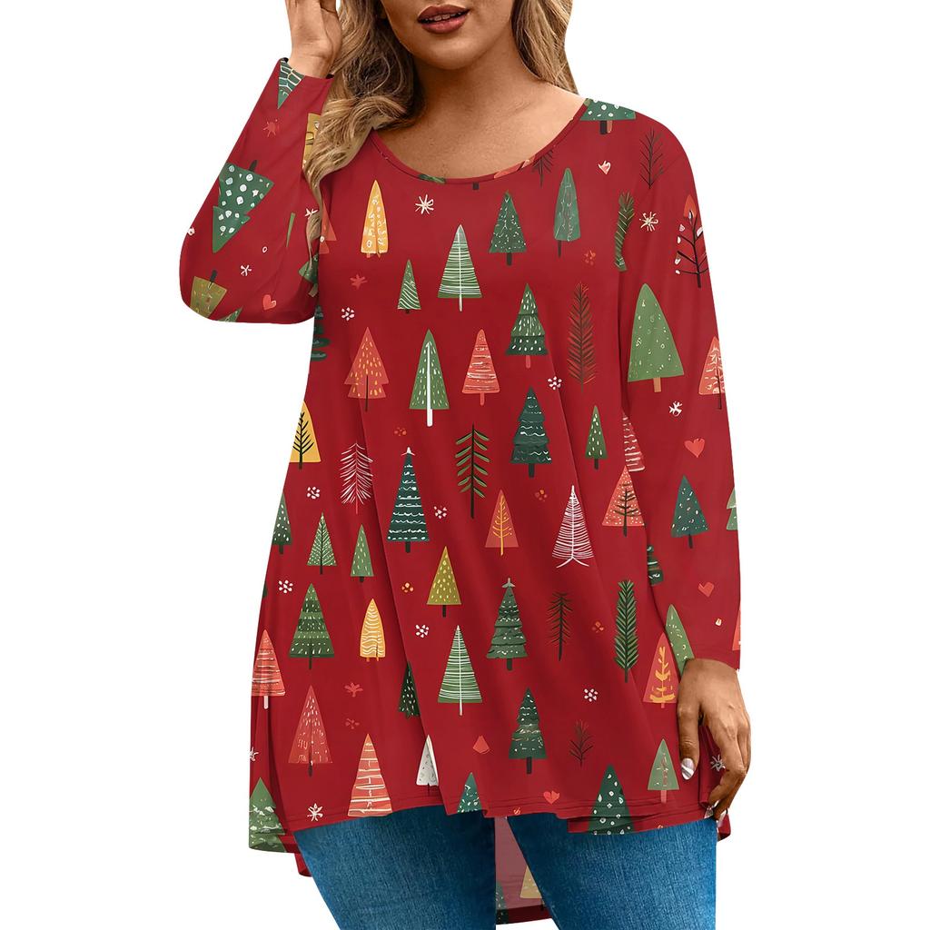 Women's Fashion Large Size Round Neck Long Sleeve Casual Christmas Print Loose Pullover Top