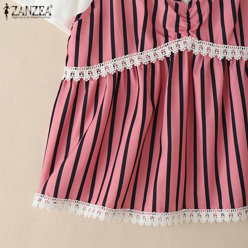 ZANZEA Women Casual Round Neck Stripe Patchwork Summer Short Sleeve T-Shirts