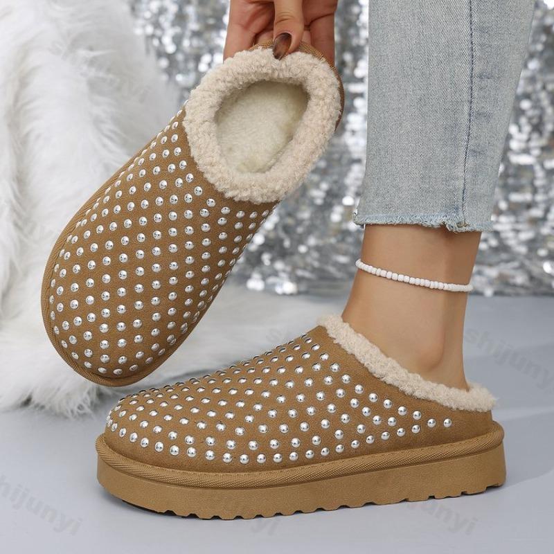 Fashion Women's Cotton Slippers Winter New Fashion Rhinestone Thicken Warm Home Shoes Lightweight Comfortable Outdoor Non Slip Flats
