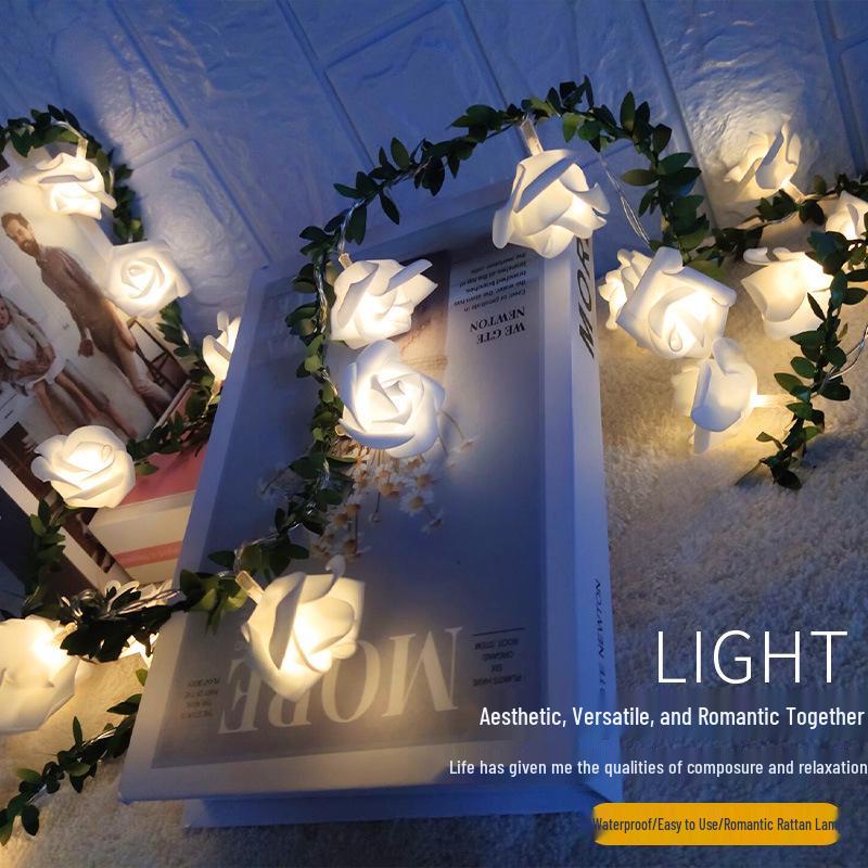 LED Solar Rose Flower String Lights with Green Leaf Vine for Romantic Indoor/Outdoor Decor