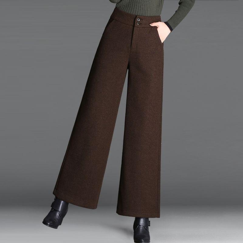 Pantalon en laine à jambes larges pour femmes Nouveau Automne Hiver Ample Taille haute Pantalon droit Épaissi avec un tombé fluide