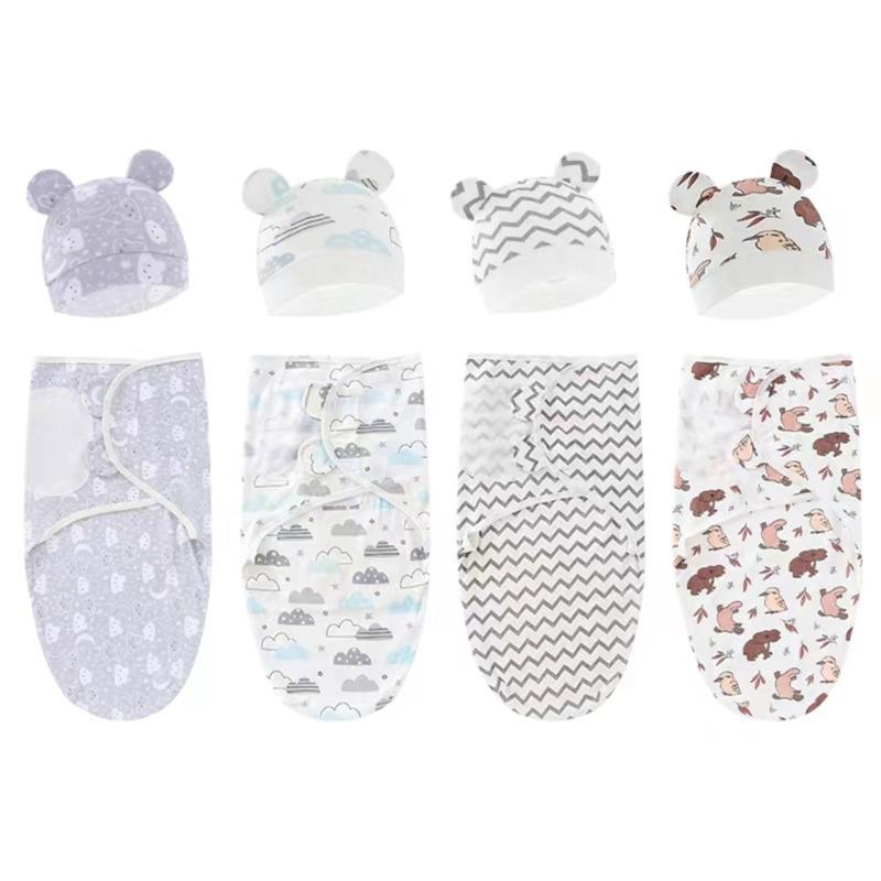 Baby Wrap Blanket & Beanie Hat Newborn Swaddling Blanket Cotton Sleeping Bag Hospital Hat for Infant Gender Neutral Hat