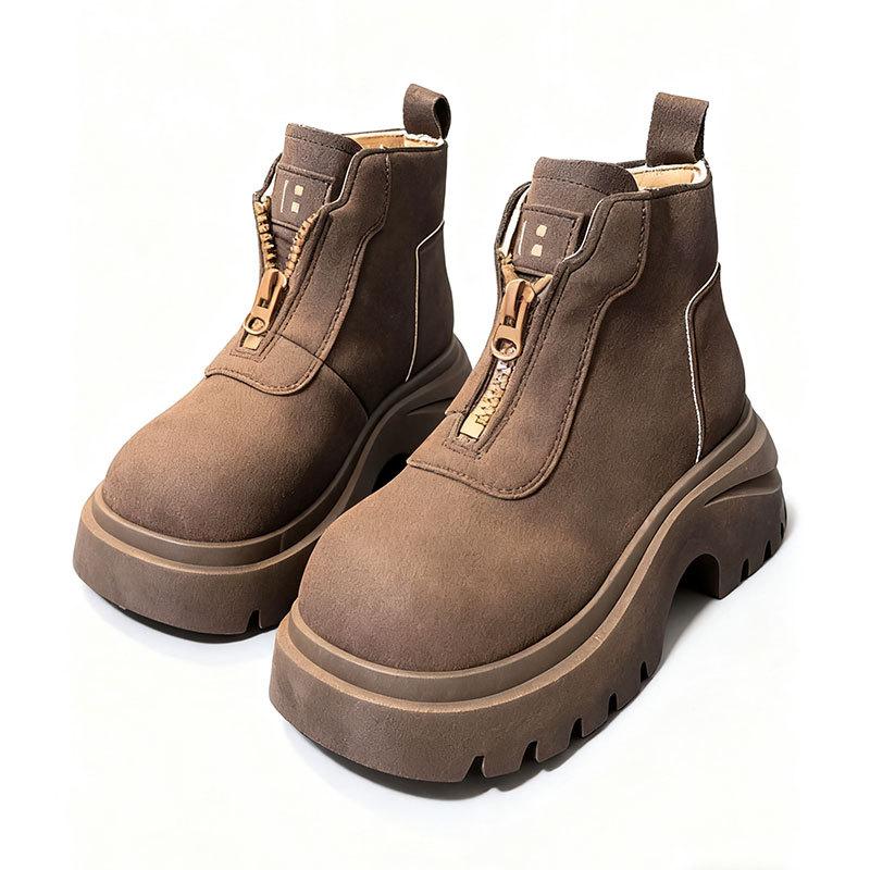 Front Zipper Martin Boots Women's Autumn New Retro Suede Thick-soled Heightening Short Boots Versatile Single Boots