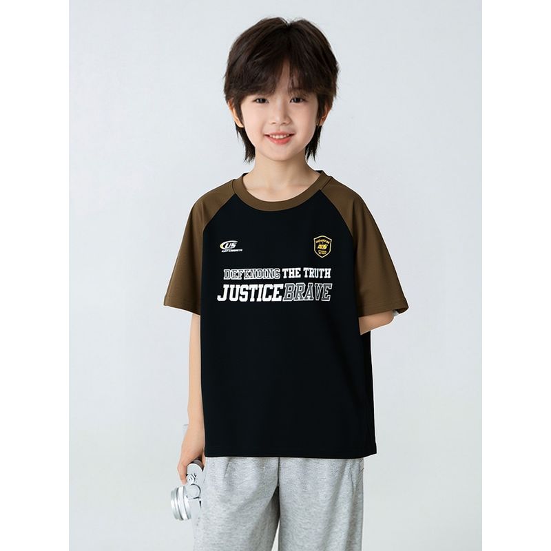 Summer Boys' Color-Blocked Short-Sleeve T-Shirt, Medium and Large Children's Clothing for Boys and Young Adults, Letter Print Half-Sleeve Base Shirt