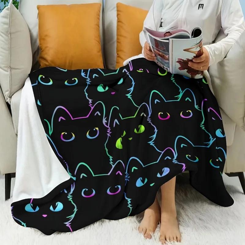 Cartoon Black Cat Pattern Flannel Printed Blanket Suitable for All Seasons Suitable for Living Room Office Sofa and Travel