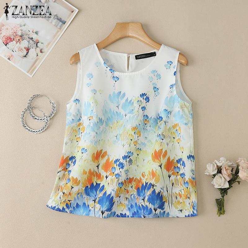 ZANZEA Camisetas sin mangas de verano para mujer con cuello redondo y estampado floral