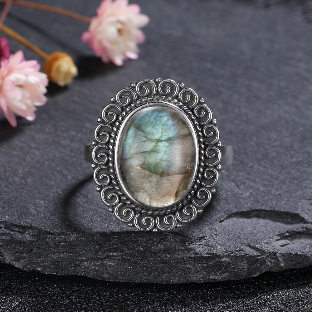 CopperRing for Women Oval Round Natural Labradorite Ring Gift Sun Shaped Retro Luxury Fine Jewelry