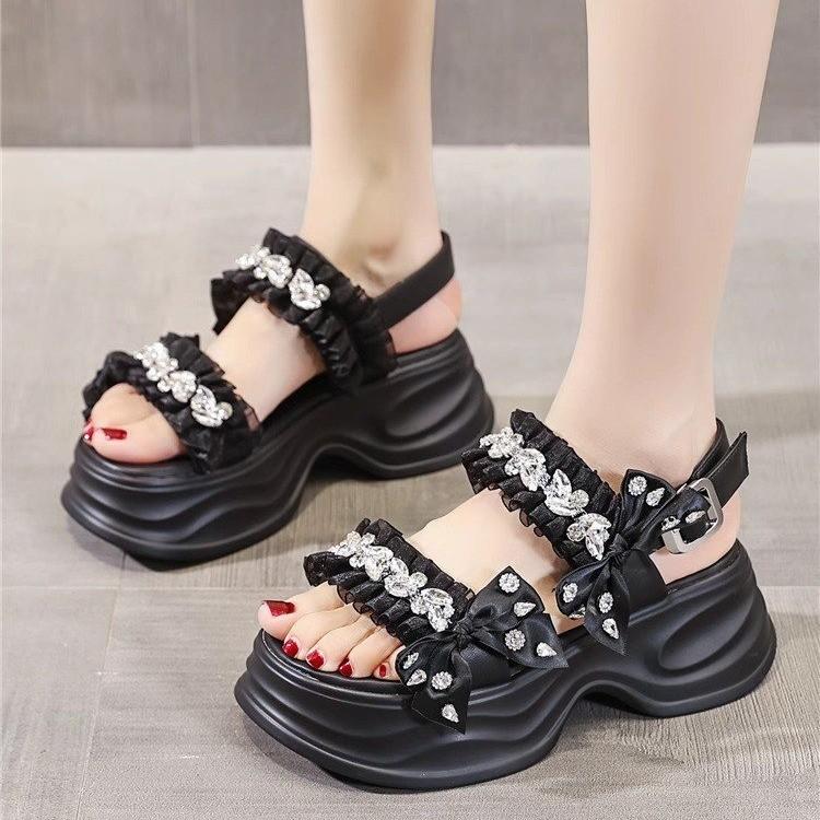 

Летние новые сандалии на толстой подошве с декоративным элементом в виде банта и страз, дышащие, универсальные, пляжные, на танкетке, крутые туфли 35 чёрный
