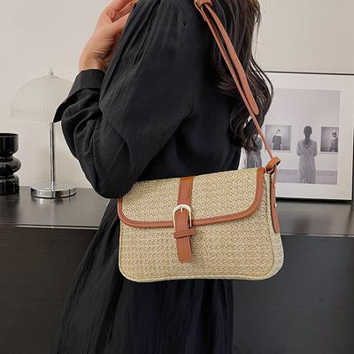 Simple Straw Crossbody Bag for Women Summer Knit Straw Square Handbag Classic Shoulder Bags