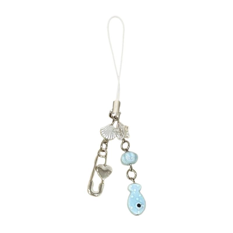 

Handmade Beaded Phone Lanyard Blue Dots Fish Pendant Strap Detachable Phone Charm Keyring Portable Accessory for Women 1