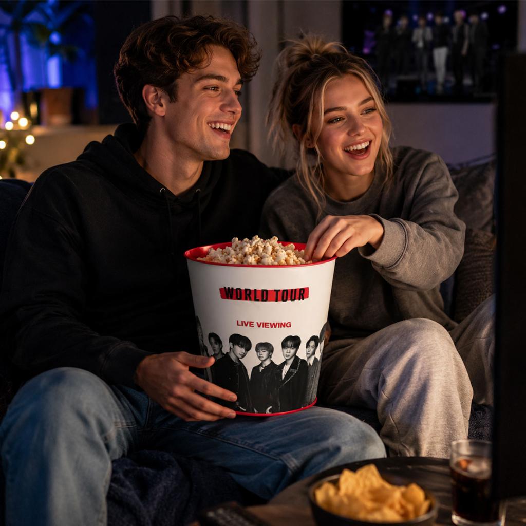 Metal Popcorn Bucket Storage Container with Printed Design for Home Theater Room or Party Use Durable and Lightweight Metal Construction