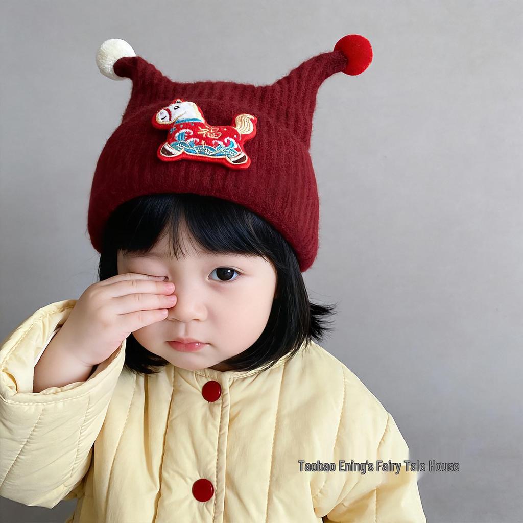 Children's Red Elf Knit Hat with Ear Protection for Autumn/Winter - Cute Pom-Pom Design for Boys and Girls