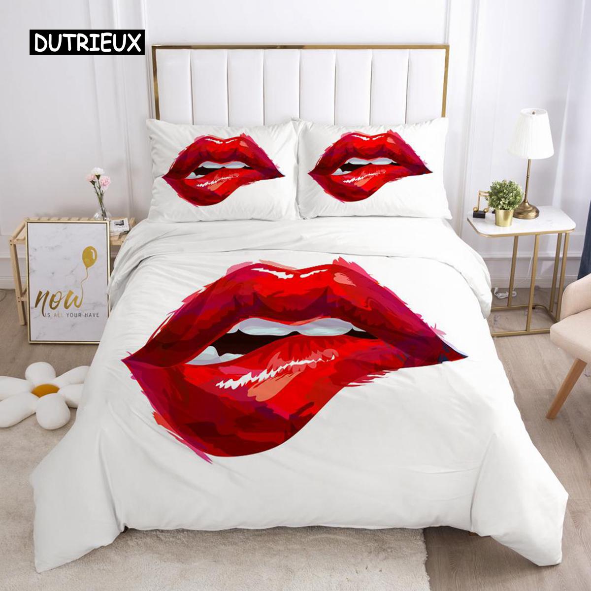 

Red Lips Комплект постільної білизни Queen Polyester Love Twin Set Sexy Theme Adult Couper Cover 3D Kiss Marks Підковдра Cover AU Single(140x210cm)