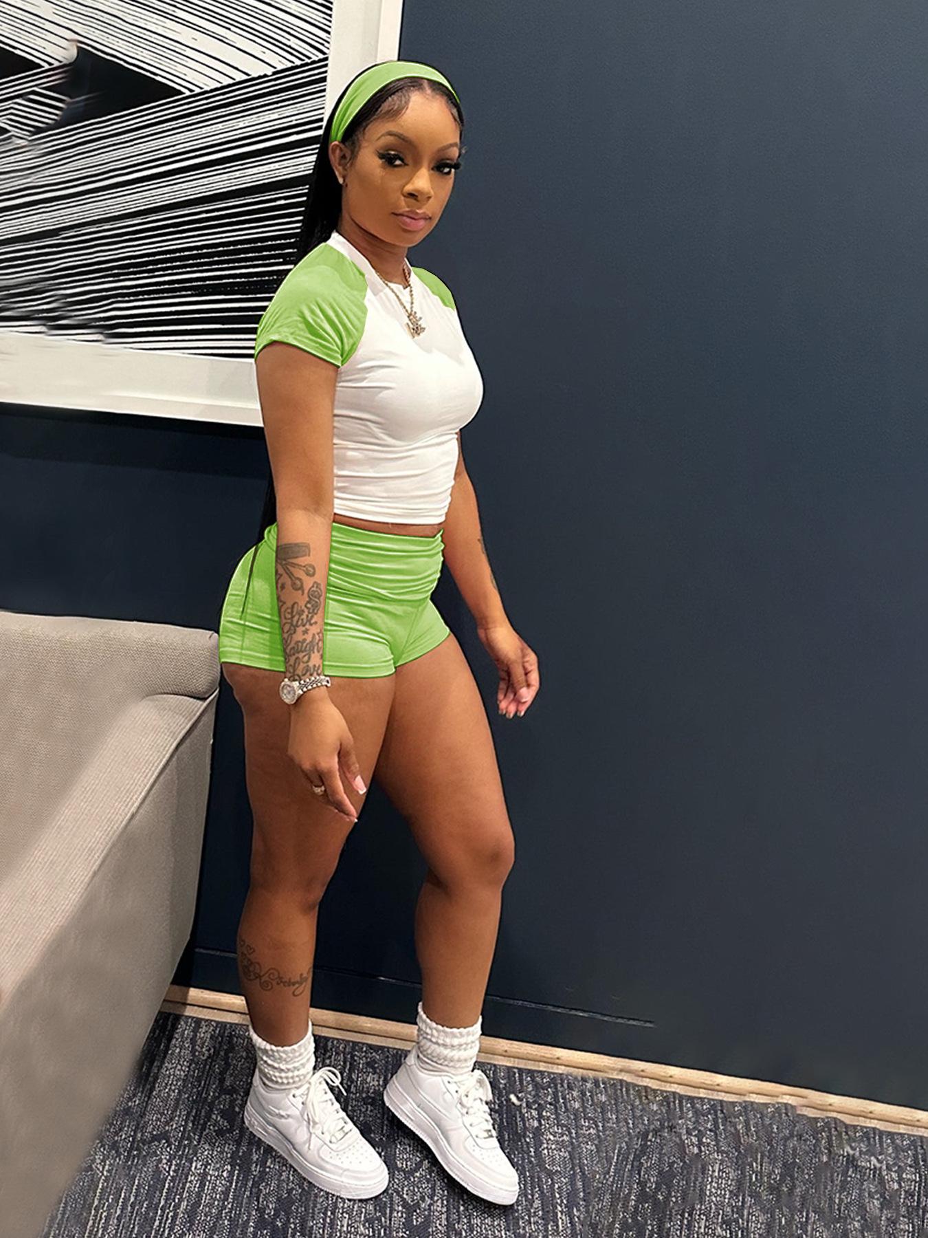 

TW733 Cross-Street Spicy Girl Raglan Color Block Sports Set: T-shirt, High Waist Shorts & Headband M зелёный
