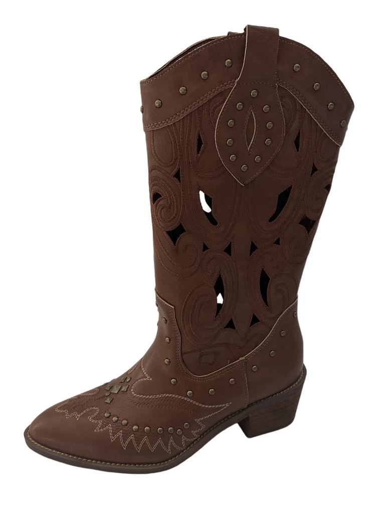 Brown hollow western cowboy boots women's 2025 autumn new embroidered thick heel mid-tube boots retro v-mouth knight boots