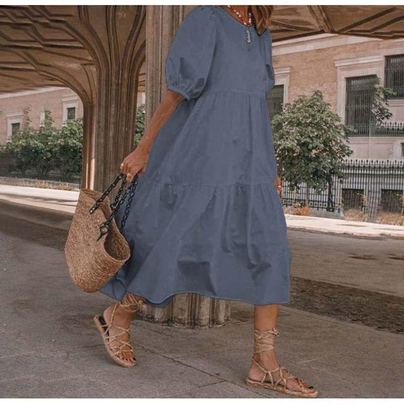 Plus Size Chubby Girl Fashion Style Summer Fashion Round Neck Pure Color Loose Short Sleeve Dress Beach Dress for Women S-5XL