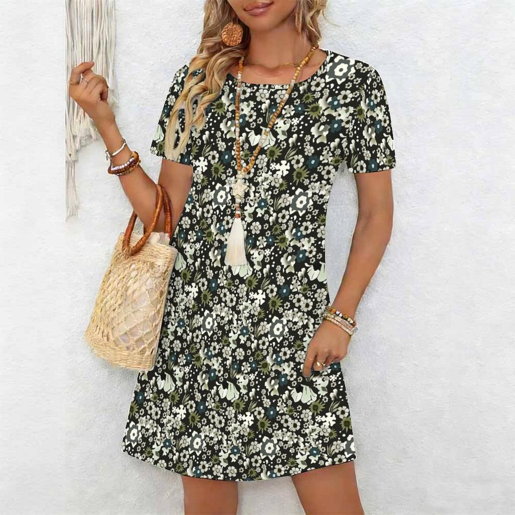 Women's Fashion Graceful Beautiful  Flowers  Print Summer Spring Short Sleeve O-Neck Casual Dresses