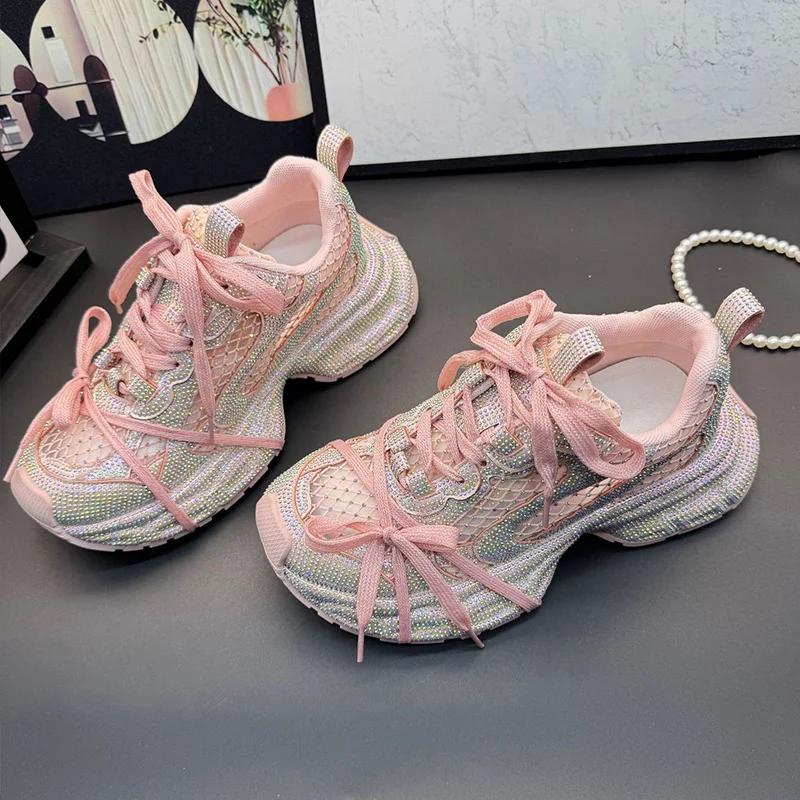 Dámské tenisky Bling Crystal Novinka Síťované platformové boty s kamínky Dad Shoes Módní lesklé dámské sportovní boty Dámské mokasíny