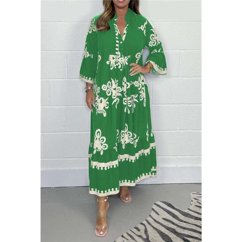European And American Style Ladies Summer Long-sleeved Collar Large Size Loose New Style Elegant Printed Stand-up Collar Waist Dress