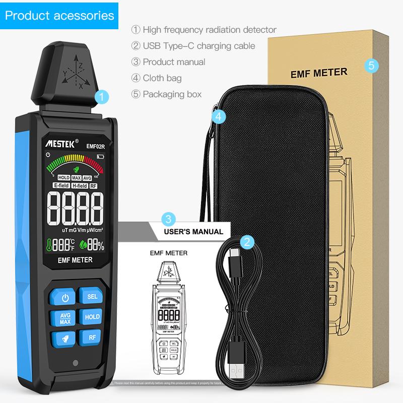 EMF02R Color Screen EMF Meter 30Mhz~8GHz High Frequency Electromagnetic Radiation Detection Meter Electric/Magnetic Field Tester