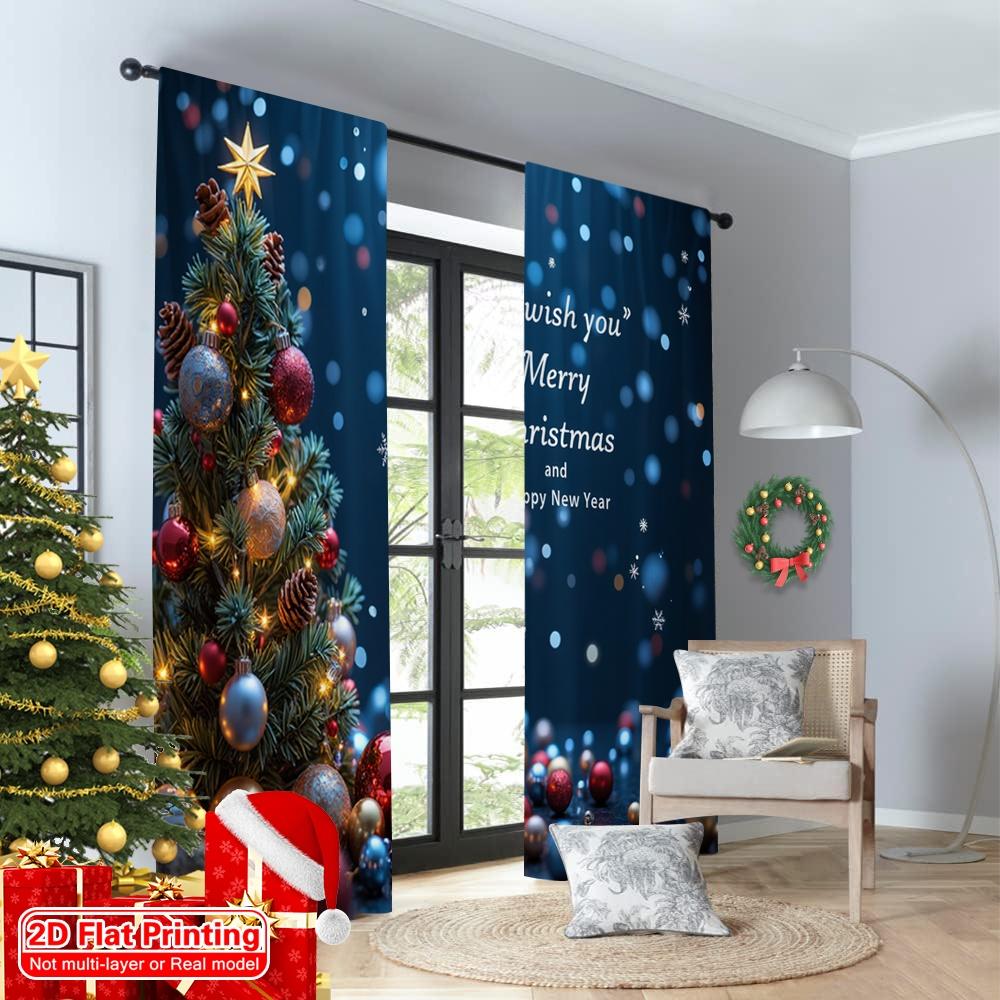 2pcs 2D Flat Printing Merry Christmas Scene Curtains Merry Christmas Happy New Year Polyester Without Electricity Party