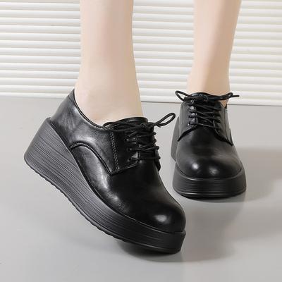 Women's Spring and Autumn Work Shoes Thick-Soled Leather Shoes Women's Platform Lace-up Wedge Heel Single Shoes Commuter Shoes