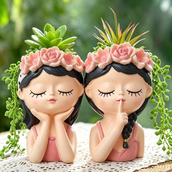 Cute Girl Planter Pot, Resin Girl Statue for Indoor Outdoor Plants, Decorative Flower Pot for Succulents, Makeup Brush & Pen Holder for Home Office