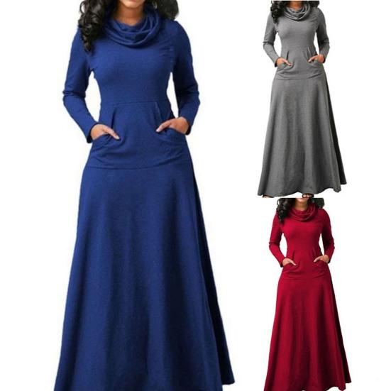 Lady Dress Solid Color Scarf Collar Elegant Loose Hem Autumn Dress for Daily Wear