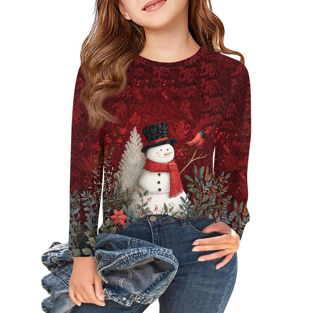 Christmas Day Girls Long Sleeve T Shirts Kids Fall Tops Crewneck Printed Basic Tees