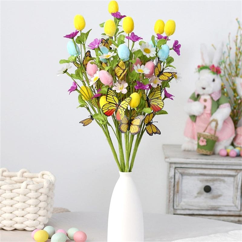 4Pcs Bendable Easter Eggs Butterfly Flower Stems Artificial Silk Flower for Vase Flower Arrangements Home Decoration