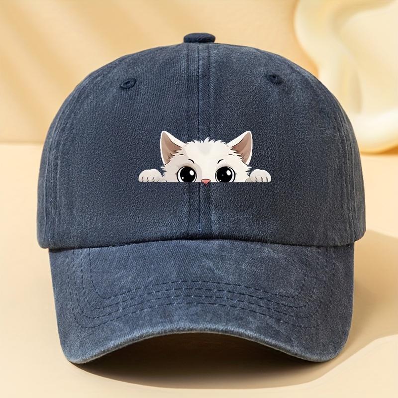 Cartoon Cat Printed Washed Retro Curved Brim Adjustable Unisex Peaked Cap