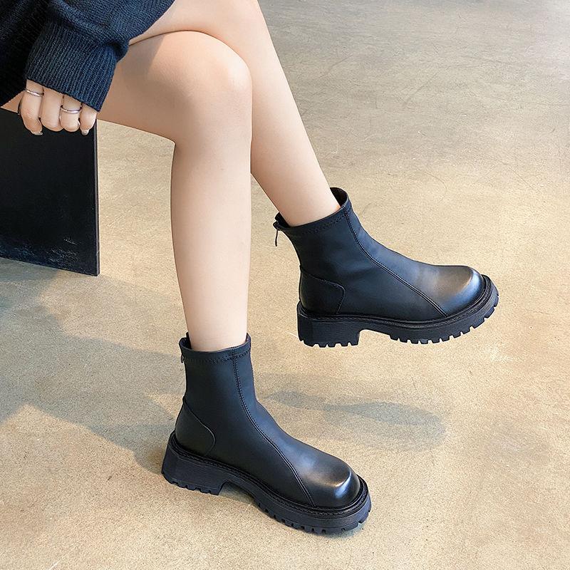 Round Toe Chunky Woman Short Shoes Autumn Winter Leather Waterproof Booties Fleece-Lined Ankle Boots for Women High Quality Boot
