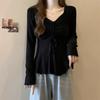Large Size T-shirt Base Shirt with Unique Drawstrings In Autumnal and Winter, Sexy Pure Slim-fit Fit and Slim V-neck Top