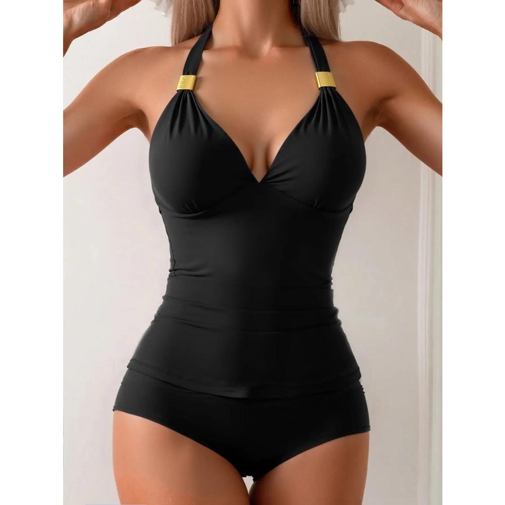

2026 Комплект танкини халтер 2 предмета однотонный купальник женский черный купальник женский купальники купальный костюм для плавания пляжная одежда S чёрный