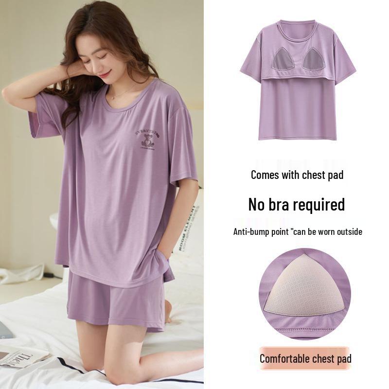 Women's Summer Modal Pajama Set with Chest Pad - Short Sleeve and Shorts, Cool Rayon, Anti-Bump, Suitable for Outdoor Wear