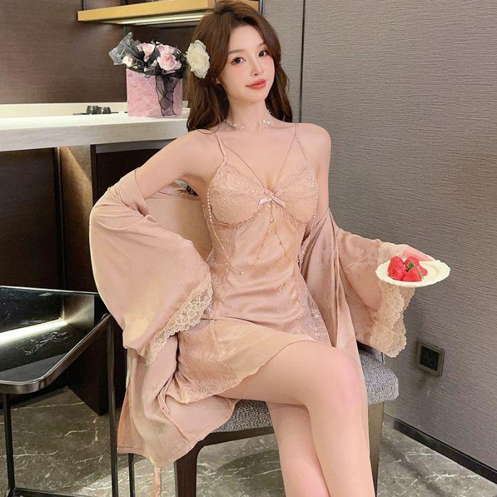 New Jacquard Sexy Suspender Chest Pad Ice Silk Pajamas Women's French Light Luxury New Pure Desire Wind Lace Pajamas
