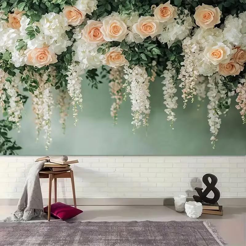 2D Flat Printing Champagne Rose & Wisteria Hanging Flower Backdrop