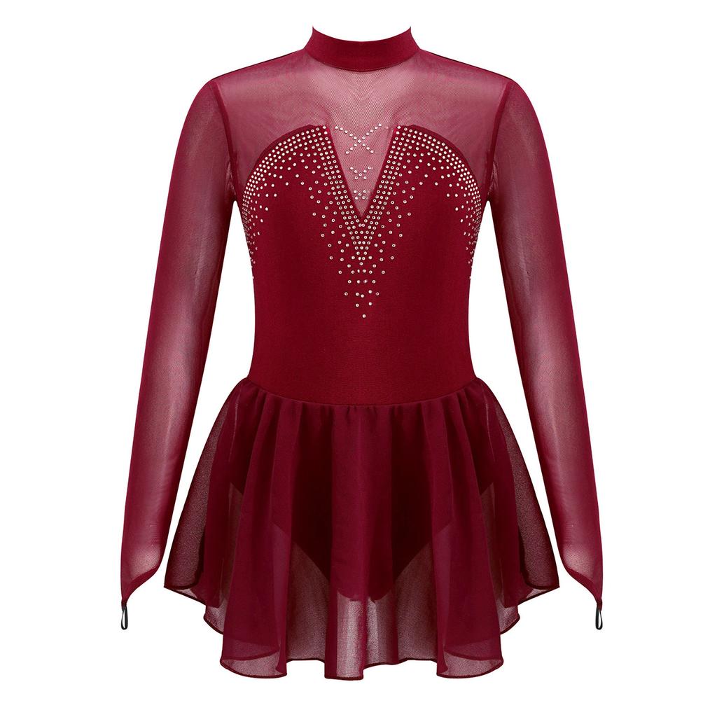 Dziewczęca Błyszcząca Sukienka do Łyżwiarstwa z Długim Rękawem, Okrągłym Dekoltem, Odkrytymi Plecami, Dżetowym Meshowym Wstawkami, Trykot do Tańca Baletowego