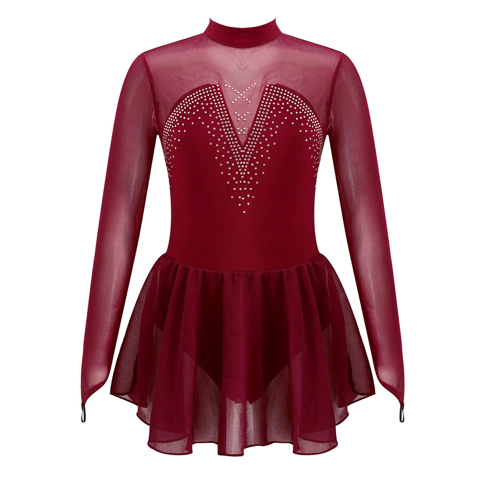 Inhzoy Stijlvolle Schaatsjurk voor Meisjes Lange Mouw Ronde Hals Holle Rug Glanzende Strass Mesh Inzet Ballet Dans Leotard 7-8 Years bordeaux