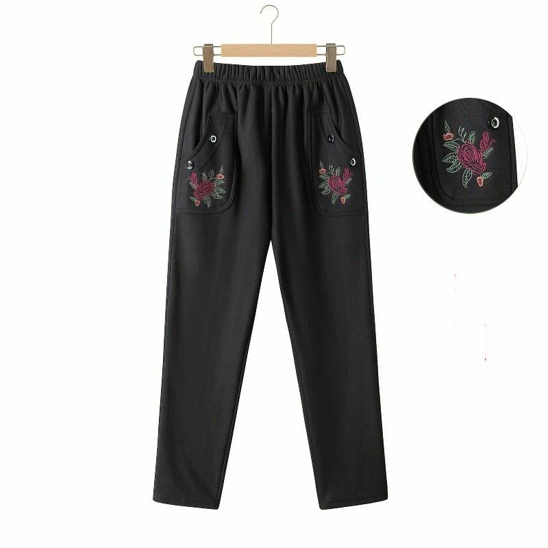 Middle Aged and Elderly Women Embroidered Loose Pants High Waisted Straight Leg Pants Spring Embroidered Mother Pants
