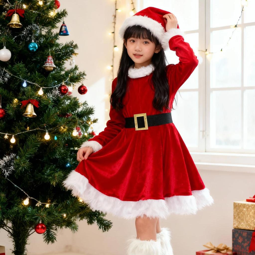 Maazusa Children's Santa Claus Costume, Red Skirt with Santa Hat, Perfect for Girls, Perfect for Christmas, Family Parties, or as a Gift