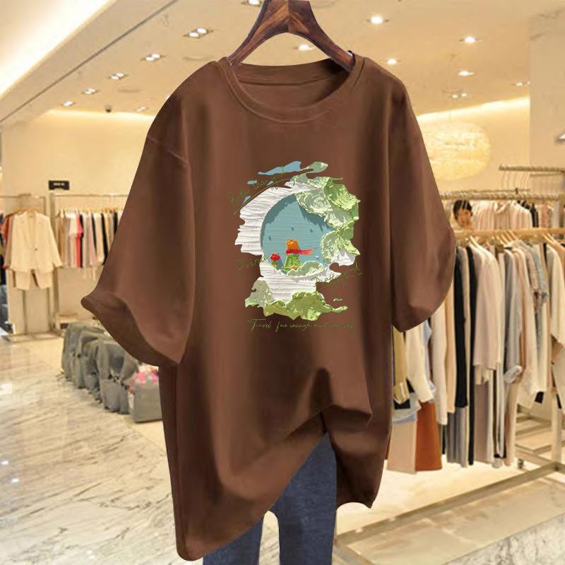 White Cotton Short-sleeved T-shirt Women's 2025 Summer New T-shirt Loose Large Size Medium and Long Large Version Top
