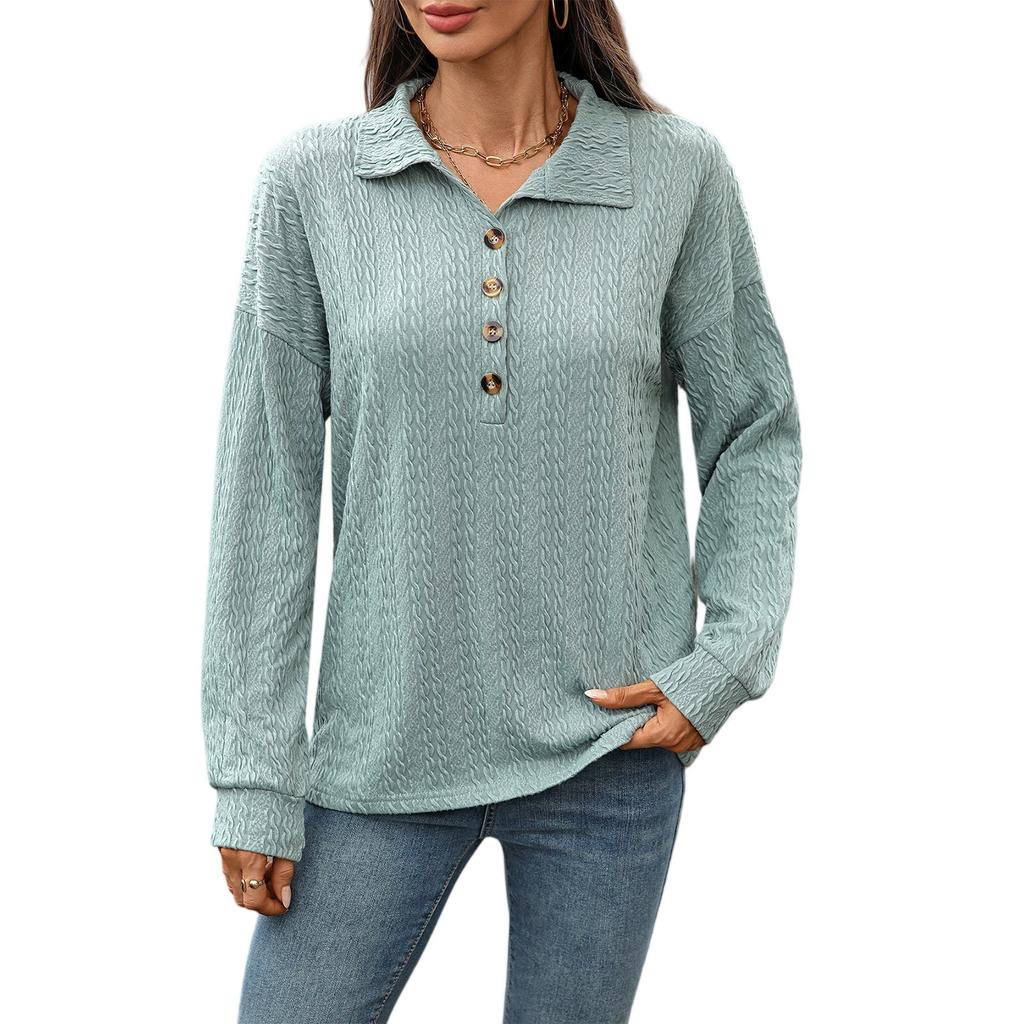 Dammode Enfärgad Revers Knäppning Sömnad Lös Långärmad T-shirt Topp