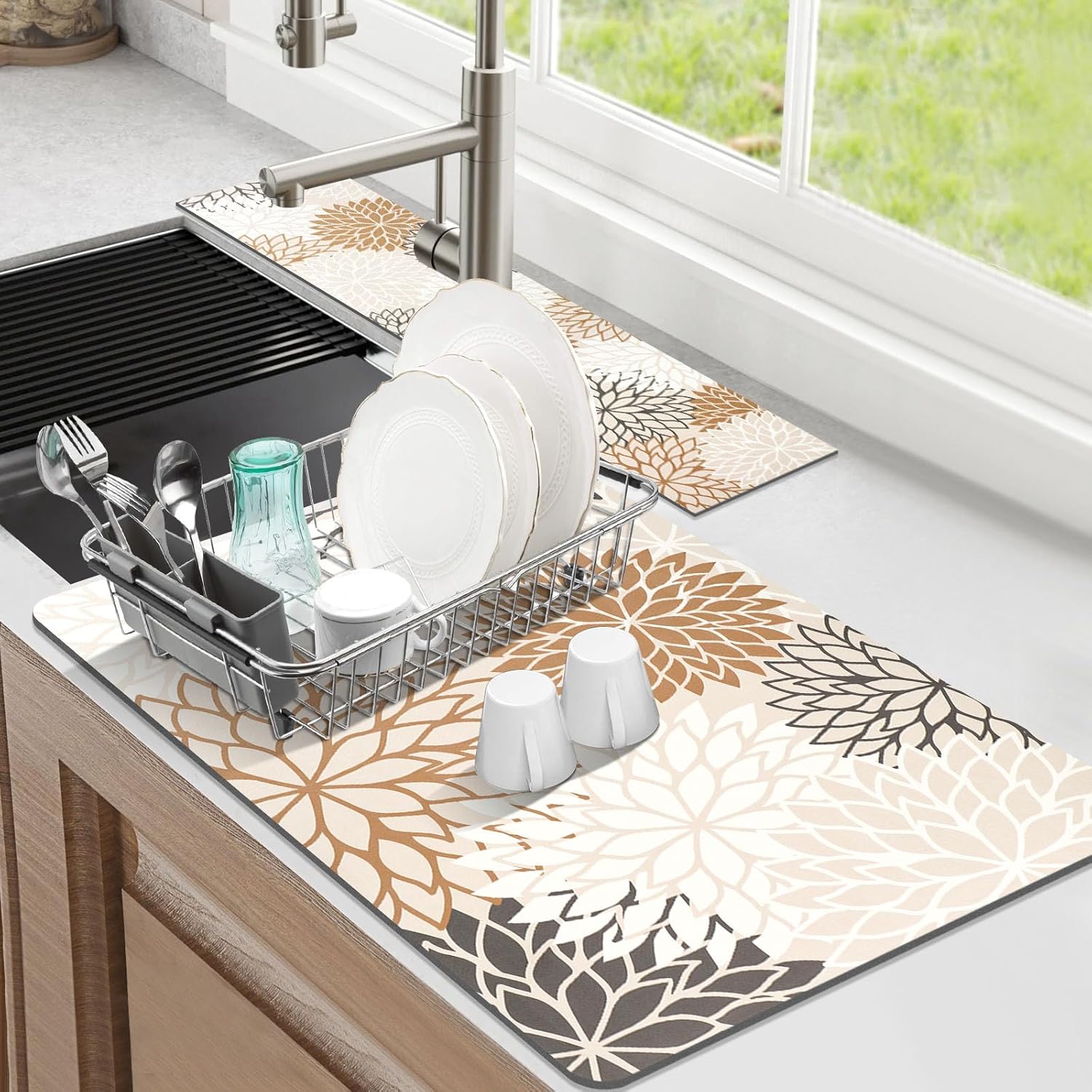 

Findosom Защита от брызг для раковины Супервпитывающий Режущийся Коврик для посуды Сушильный Кухонный Коврик с Бирюзовым Цветочным Дренажным Ковриком Кухонная Столешница 20x30cm
