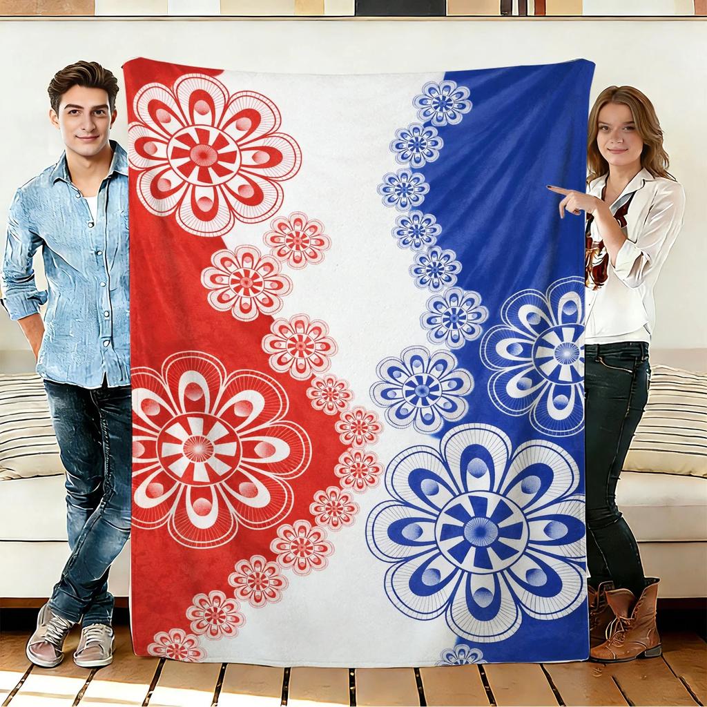 Red and Blue Floral Flannel Blanket Soft Cozy Throws Napping Travel Use