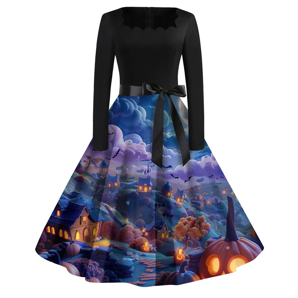 Women's Casual Fashion Halloween Printed Square Neck Vintage Dress