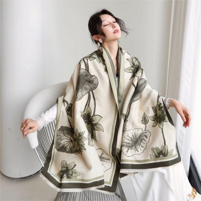 Autumn and Winter New Lotus Double-sided Jacquard Scarf Women's High-end Versatile Imitation Cashmere Shawl Thickened Warm Scarf